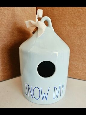 Light Blue Ceramic Rea Dunn Birdhouse with 'SNOW DAY' Lettering